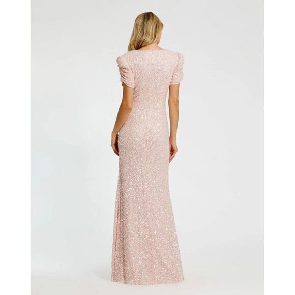 Mac Duggal 24003 Size 6 Pink Pearl Gathered Short Sleeve Long Maxi Gown Dress - Picture 4 of 6